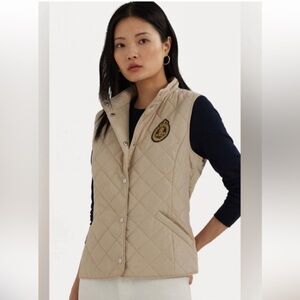 Lauren Ralph Lauren Women s Crest-Patch Diamond Quilted Vest Beige Size S
